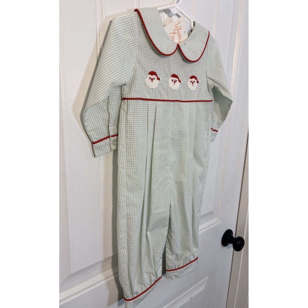 Whimsy Bay Kids Boys Santa Christmas Longall Romper 18M Green Windowpane NWT
